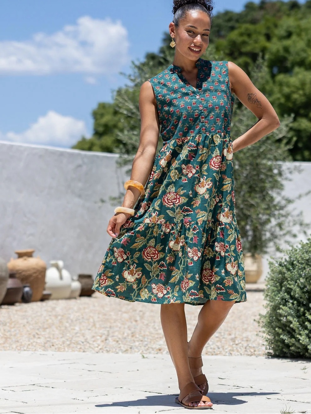 NWT Karma East "Ember" Tiered Midi Dress XXL Green Floral Folk Art Cotton Boho
